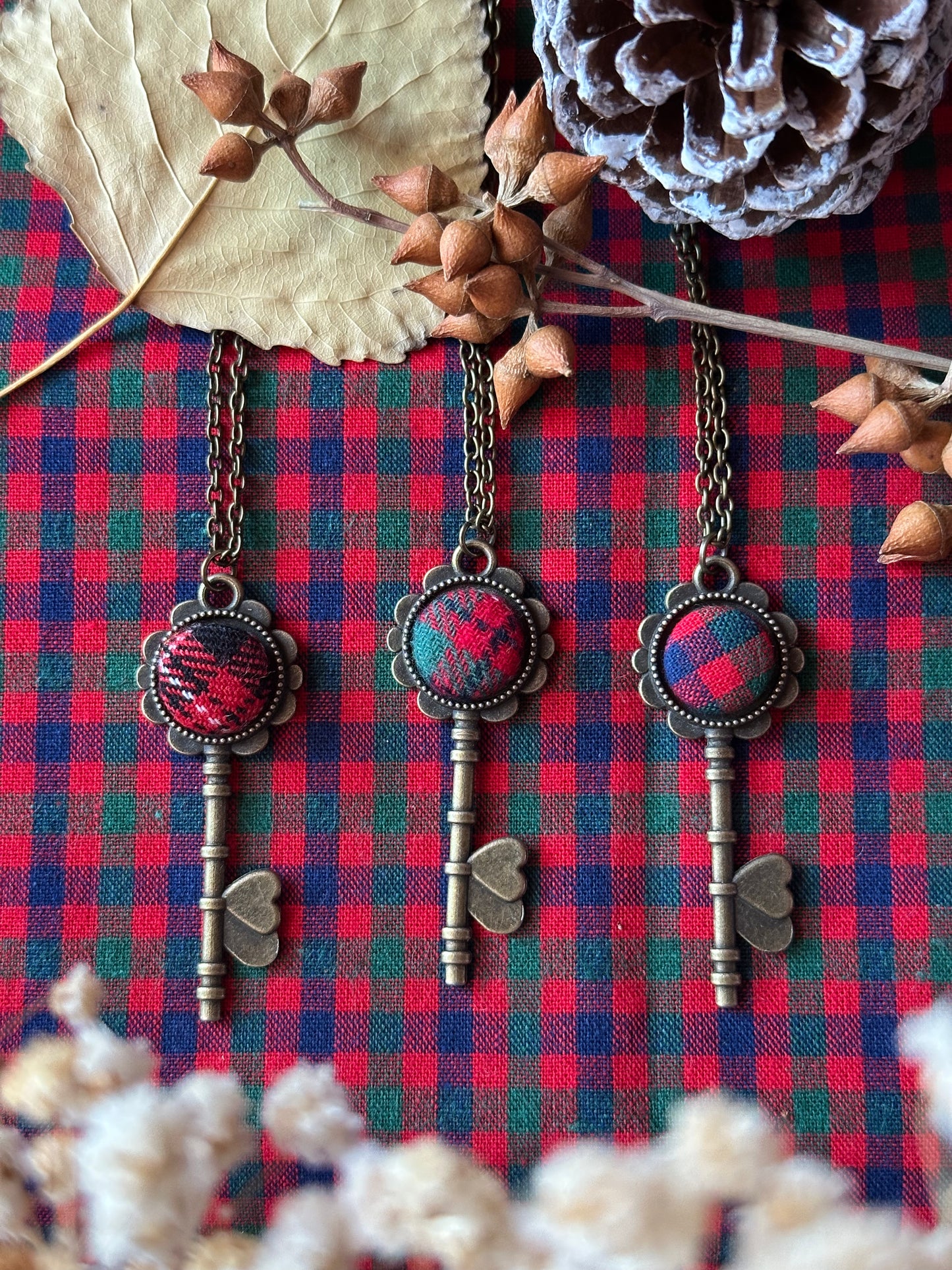 Collane Natalizie a forma di chiave, con inserto in tessuto natalizio