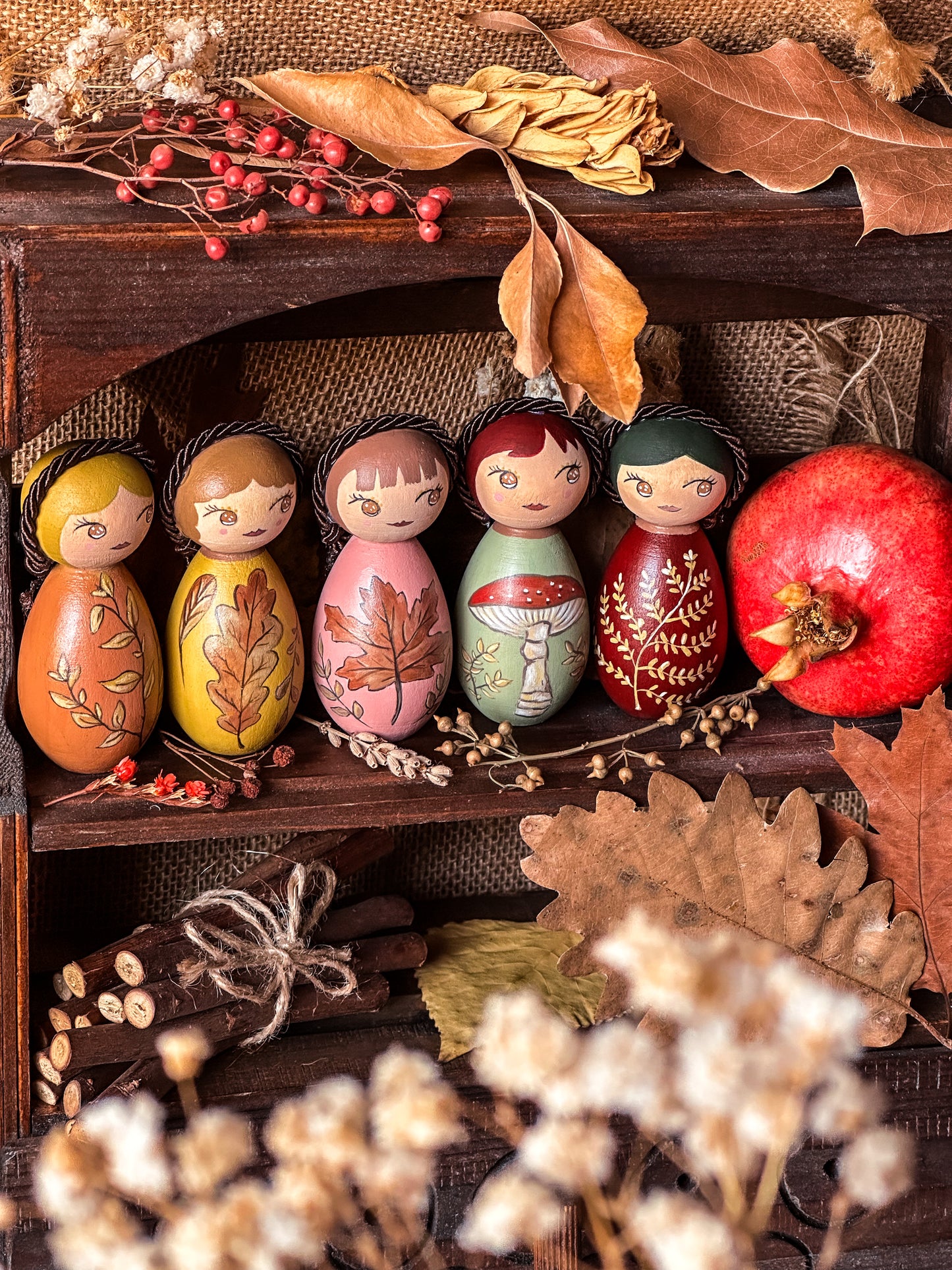 Kokeshine Autunnali - 5 lavori unici non riproducibili